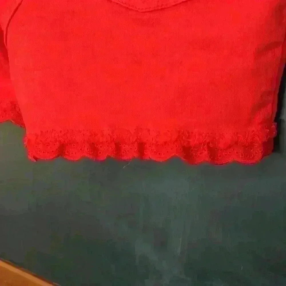 Cat & Jack Girls Size 14/16 Red Shorts Denim Eyelet Lace Trim Super Stretch - Picture 3 of 5
